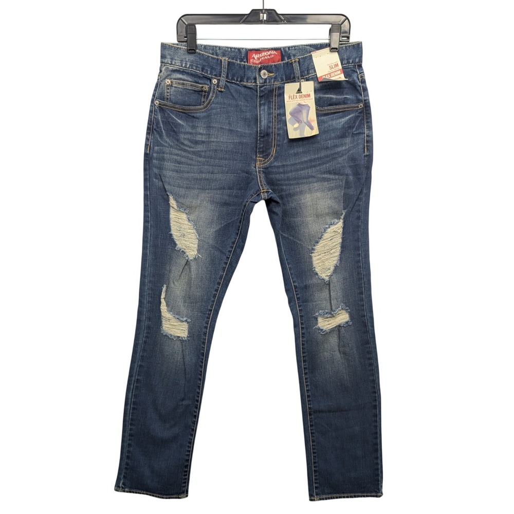 NWT Arizona Jean Co Slim Fit Men 32x32 Dark Blue Distressed Flex Denim Jeans